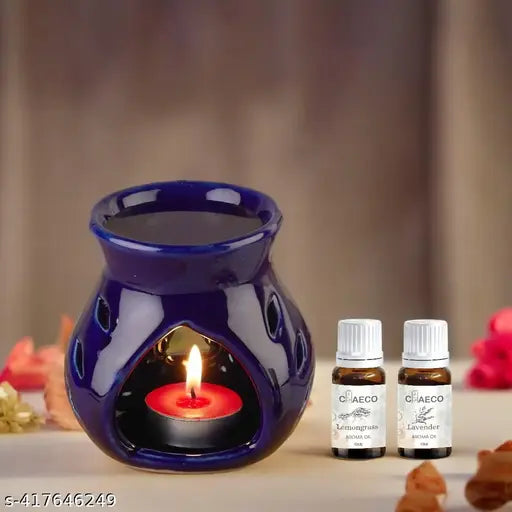 CHEECO Oil Burner Candle Diffuser for Home Fragrance, with 1 T-Light & 2 10 ml Aroma Oil-Fragrance Lemon Grass & Lavender (Blue Diffuser Pot)