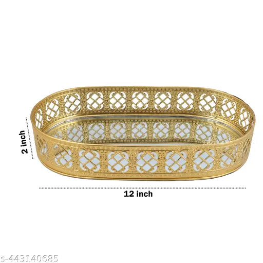 Oval Glass Mirror Gold Plated Serving Tray Decorative Diwali Gifting Vanity Perfume Storage Pooja Wedding Gifting Trays
