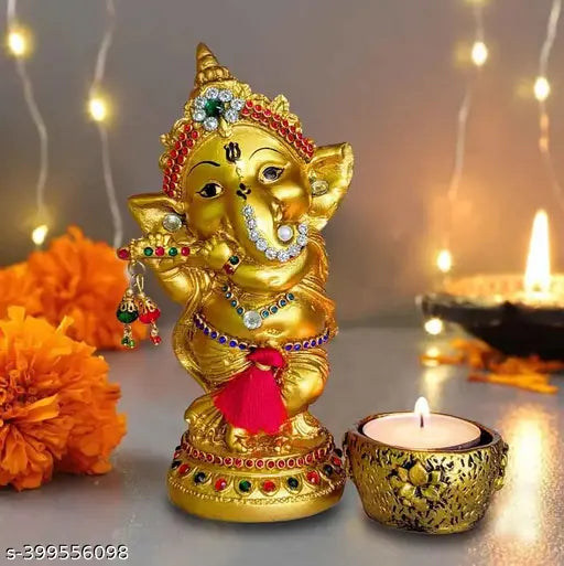 Once & Again Golden Finish Ganesha Idol showpiece for Prayer, Puja,Living,Home,Office,Ganesha Playing Bansuri with Tealight Holder, Ganesh Chaturthi,Best Decorative Gifts,Murti, Unique Decoration Antique, Classic, Modern, Traditional Ganesha Showpiece, Gi