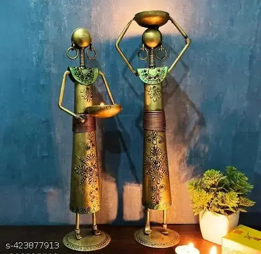 BALAJI INC. Metal Wrought Iron showpieces of Tribal Lady/Ladies Doll Figurine Statue in Golden Decorative Items | Show Pieces for Home Decor Stylish Living Room Tea Light Stand (Set Of 2)
