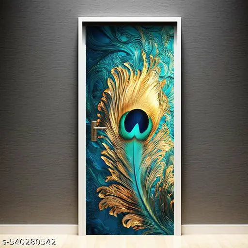 Door Interior Sticker | Fresh water drops on peacock feather of Home Door Decor Wallpaper of Positive Vibes for Wall, Refrigerator, almirah, Table, Kitchen (Self Adhesive Vinyl, Waterproof (30x78 inch)