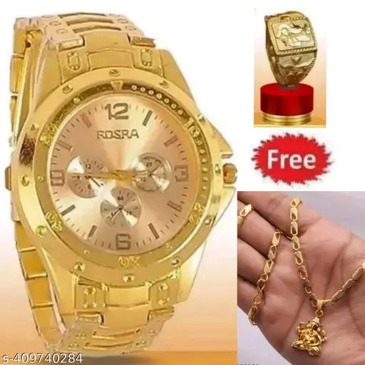 Rosra Golden Formal Watch For Men's Ring +Chain Freue (MOR RING+ CHAIN) For Boys