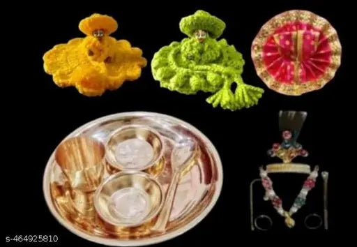 Pack of  5 Laddu gopal bhog thali with 2 woollen dress 1 poshak 1 sringar