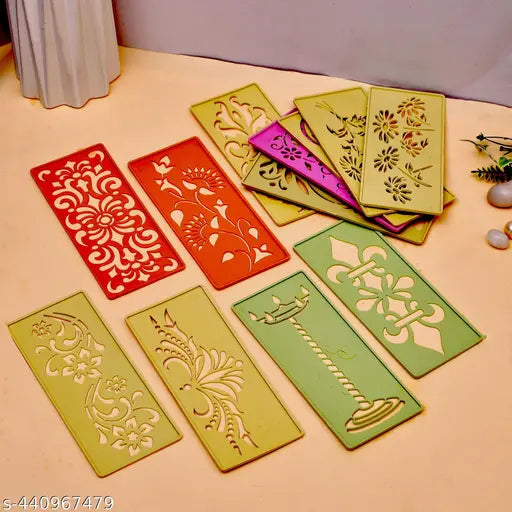 CRAFTAM Different Design Ready to Draw Rangoli Making Stencils, Rangoli Plastic Stencils for Floor Decoration (Set of 12, Size 7x3 Inch)