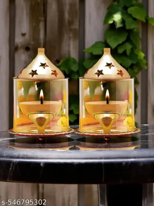 SriMaa Ventures Brass Lantern Diya Set with Glass Covers || Borosilicate Glass Cover-Diya for Diwali, Aarti, Mandir Blessings, Festive Worship (Set of 2 Piece)