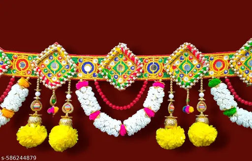 HEGiENES Décor embroidery work with artificial yellow meri gold flower and beads traditional door hanging navratri and diwali Toran. Pack of 1 pieces.