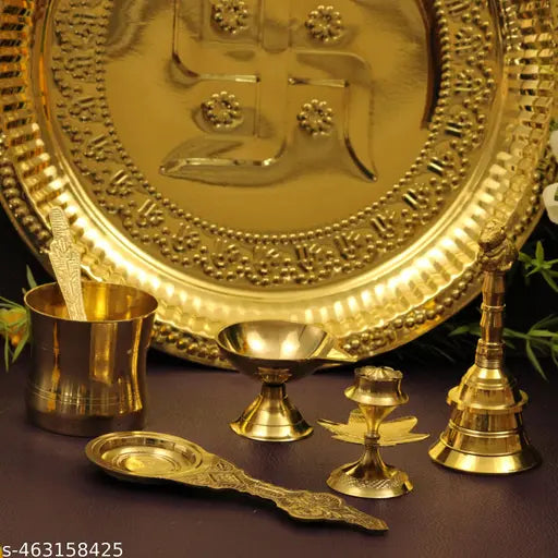 Putrika Brass Puja | Pooja Thali | Arati | Arathi | Arthi | Arti | Arathi | Bartan Thambulam Plate - Swastika ppset without lota