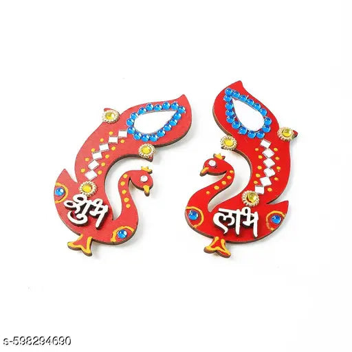 Decorative Wooden Shubh Labh Wall Hanging | Traditional Peacock Design with Mirror & Stone Work for Home Entrance, Festive Diwali Decor & Gifting (Set of 2)