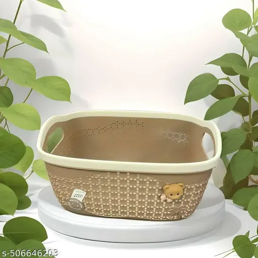 Unbreakable Plastic Storage Basket with handle and Bunny Charm | medium size | vibrant colors|size 32L*22W*16H cm (Brown)