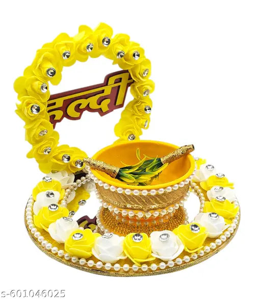 Haldi Ceremony Decorative Platter | Wedding Haldi Plate with Artificial Flowers & Bowl | Decorative Tray