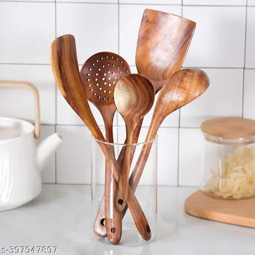 Natural Wooden Spoons Set Flip Spatula/Ladle for Home & Kitchen Decor | Non-Stick | Handmade | (Size, 13 Inch)(Shesham Wood, Set of 6)