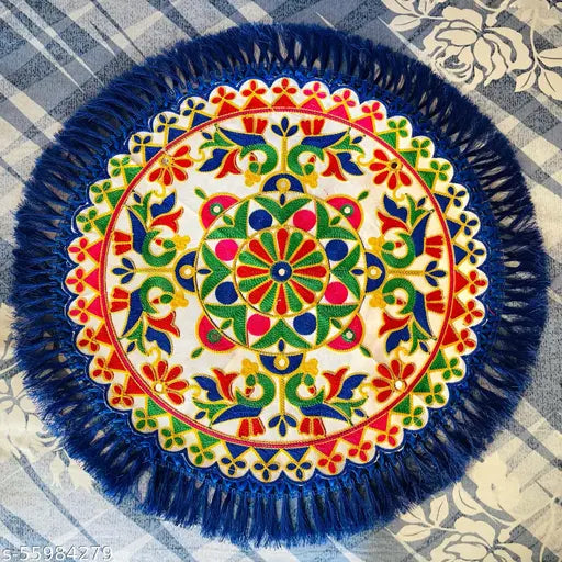 Hanumante Enterprise Traditional Embroidery Round Pooja Thali Rumal, Wedding Beautiful Hand Work Thali Rumal (18.5 Inch)