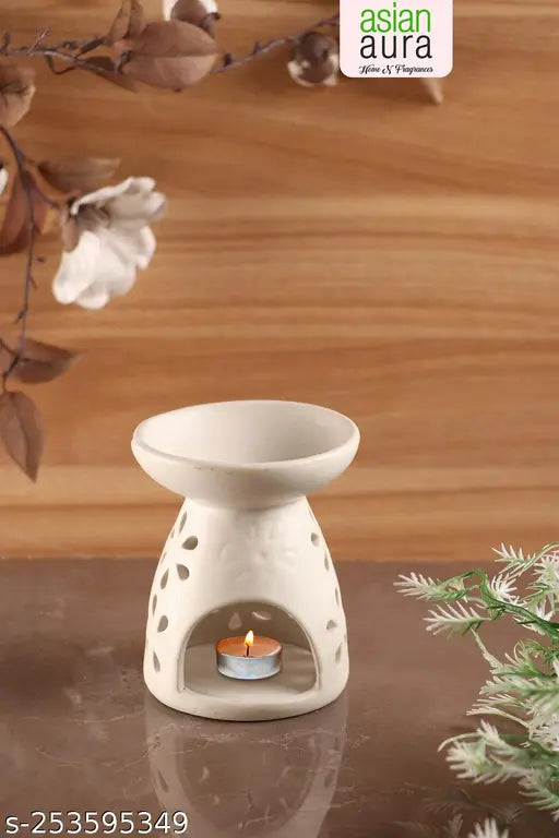 Candle Diffuser for Home Fragrance, Aroma Oil Burner with 1 T-Light & 1-10 ml Aroma Oil -Fragrance White Jasmine (White Diffuser Pot)