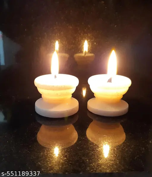 Natural Handcarved White Marble Diya/Deepak Oil lamp for Pooja & Lighting Decoration SET OF 2