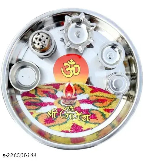 Heavy Steel Pooja thali with Deepa Agarbatti Stand Roli, Chawal Steel  (1 Pieces, Steel)