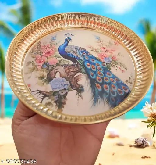 SriMaa Ventures Multicolor Peacock on Brass Plate  for Aarti,  Bhog Prasadam, Pooja Ghar, Religious & Cultural Festivals