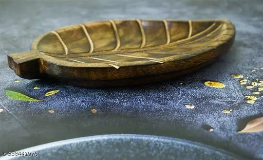 Decorative Round Wooden Platter Tray for Home Decor Coffee Table - Beautiful Acacia Wood Tray for Kitchen Dining Room - Serving Tray - Snack Tray - Eco Plate - Nut Platter (Leaf)