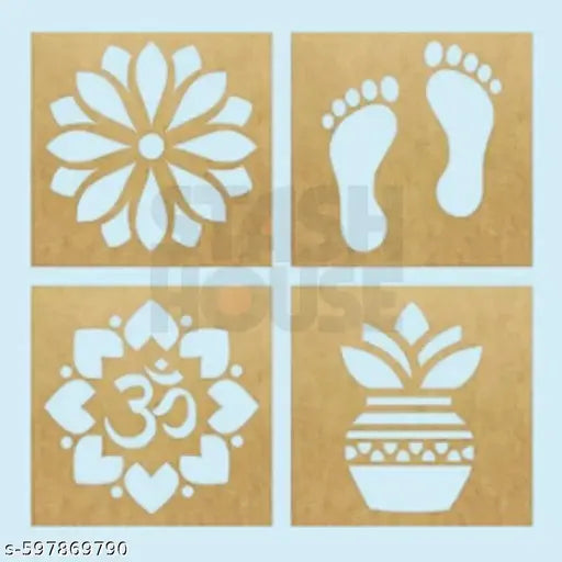 ARTADDICT set of 4 rangoli Multi Design Ready to Draw Rangoli Making Stencils, Rangoli Plastic Stencils for Diwali Floor Decoration (4x4Inch)