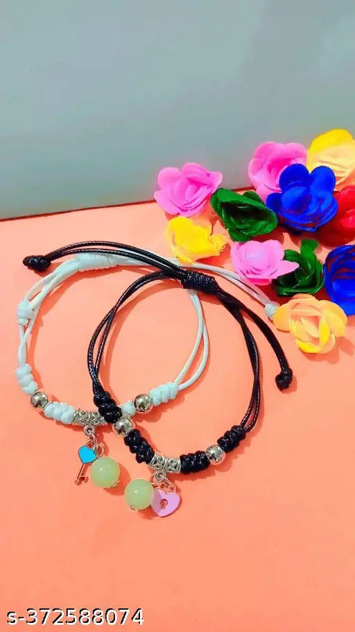 2 PCS Handmade Matching Couples Bead Heart Charm Bracelets Adjustable String for Women Men Mother Daughter Best Friends