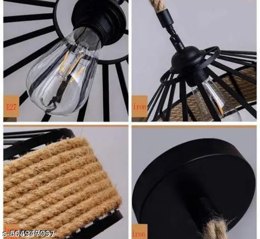 Modern Rope Metal Basket Pendant Light, Retro Industrial Woven Handmade Hanging Ceiling Lamp for Living Room, Home, Bedroom, Indoor & Outdoor Lighting | Hemp Rope Body Ceiling Pendent Lighting American Rustic Droplight Industrial Hanging Light Fixture for