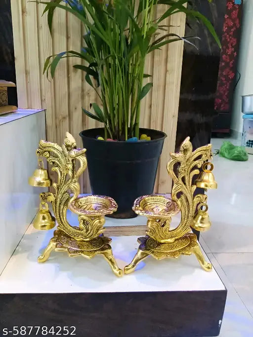 Golden Set of 2 - Peacock Design Metal Swastik Diya