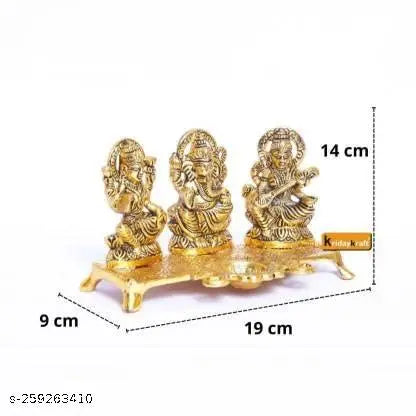 Laxmi Ganesh Saraswati With Diya Idol Set Decorative Showpiece - 14 cm  (Metal, Gold)