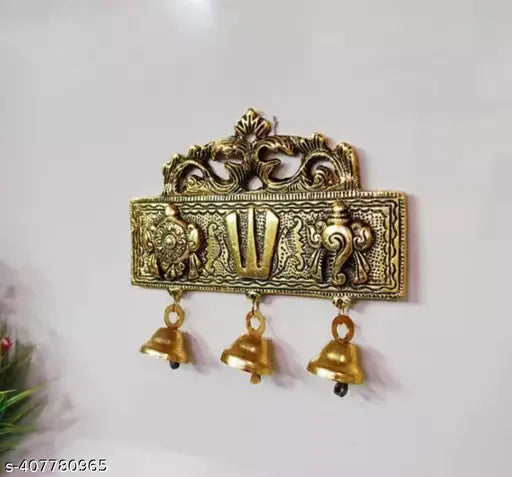 Tirupati Door Hanging Shankh Chakra Namah With Well for Home,Office,Temple, Room Decorative Showpiece - 15 cm (Metal, Gold