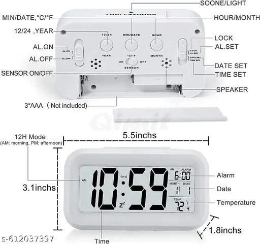 Digital Alarm Clock, Table Clock with Automatic Sensor, Date and Temperature Display, Compact Desk Clock for Students,Home, Office, Bedroom, Living Room,Home Decor, Corporate Use (White Digital)