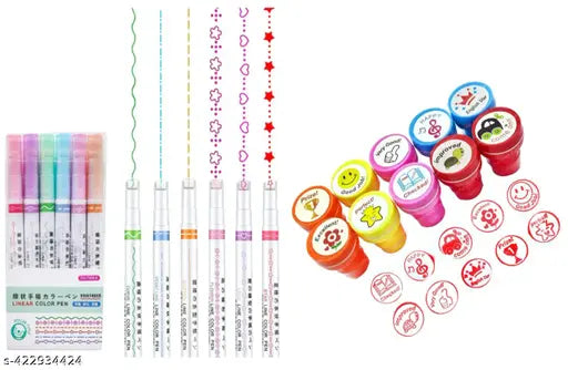 Curve Highlighter Pen Set, 6Pcs Flownwing Flair Pens with 6 Different Curve Shape Fine Tips,Curve Highlighter Pen For Adults & Kids Books Writing Drawing Scrapbook and  10 Pcs Motivation Stamps for Kids - Plastic Stamps Toys Art & Craft for School Supplie