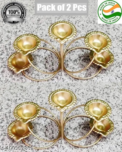Taj India Handicrafts Metal Panchdeep Diya T-Light Candle Holders (22x7.5x10 CM) (Pack of 2 Pcs) for Diwali Lighting with T-Light & with Gold Powder Coated & Free Candles for Home & Diwali Decoration.