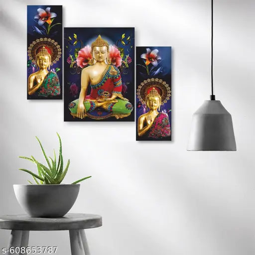 Karni Presents Lord Buddha Set of 3 Wall Painting For Home Decor | Gift Items | Photo Frame- Self Adhesive (12'Inch x 18'Inch), WH-JM37