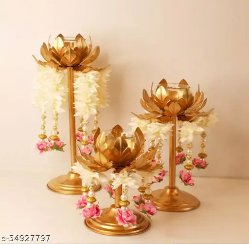 modern Golden tealight holder has stylishly shaped Lotus Tea Light Candle Holder Stand for Flower Shape Metal Beautiful Design Home Decoration Festival Occasions  Combo Pack of 3