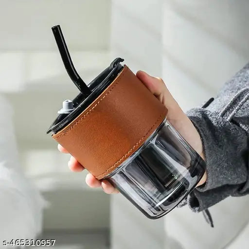 Travel Glass Coffee Mug with Lids and Straws, Glass Iced Tea Sipper Cup with Leather Sleeve Grip, Cute Glass Tumbler for Water Milk Smoothie (Pack of 1pcs,400ml-mug,multicolour,Straw)