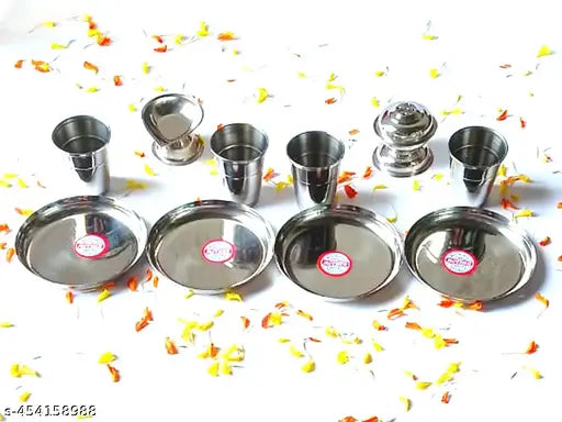 Steel thali, glass, agarbatti stand & diyas sets for pooja samagri.