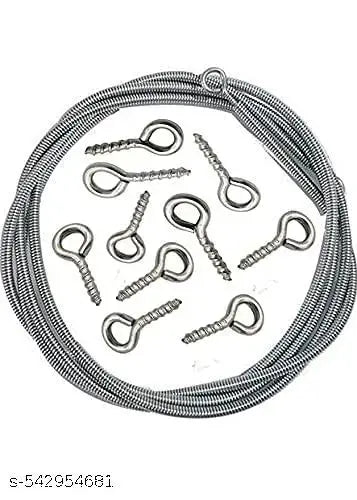 Spring Curtain net Wire Cord Cable Kit for hang. Suitable for wood , wall , windows and doors. Window Net Curtain wire with 10 Hooks 10feet