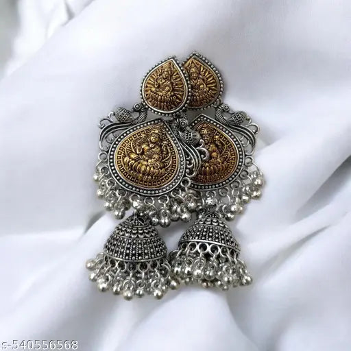 Traditional Temple Jhumka Earrings for Women | Antique Oxidized Silver & Gold-Tone Lakshmi Design | Ethnic Indian Jewelry for Weddings & Festivals