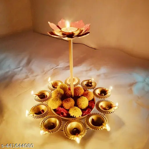 New Diya Flower Urli Bowl – Decorative Bowl & Pooja || Decorative Urli Bowl for Floating Flower for Home and Office || 2 step floral design Urli Bowl for decoration || Diwali Decoration Items, Metal, (Gold) (Candle Urli Bowl)