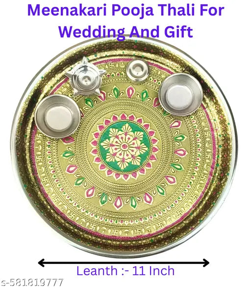 Meenakari Stainless Steel Pooja Thali Set with Diya Holder & Incense Stick Stand | Traditional Wedding & Marriage Gift | Festival Puja Thali for Home Temple