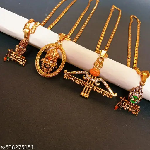 4 combo Trending gold plated religious shree  khatu shyam ji Khatu Shyam locket necklace with golden biscuit chain for boy/men and girls/ women...