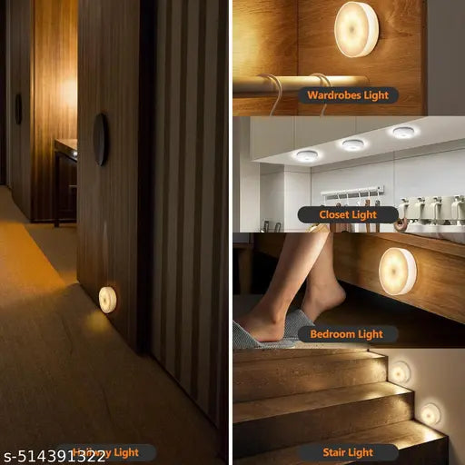 VIAXANA Motion Sensor Light for Home with USB Charging Wireless Self Adhesive LED Body Induction Lamp Sensor Light for Wardrobe Lights with Sensor Night Light for Cupboard Stair (Round - Warm White, 2)