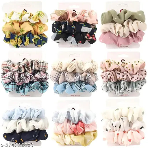 Floral and Plaid Pattern Hair Scrunchies Set, 12 Pieces, Pastel Colours, Mullicolor