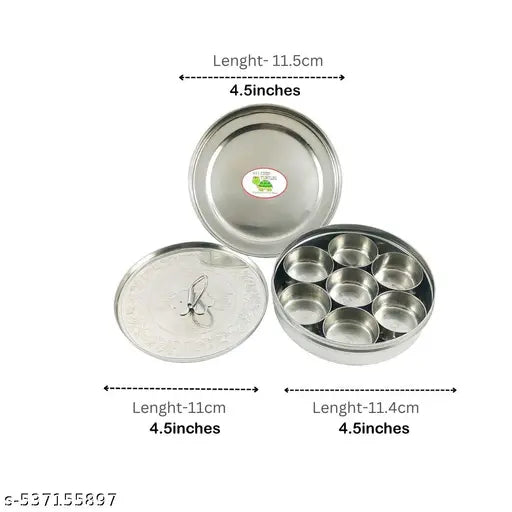Chef Turtles Stainless Steel Round Pooja Box 7 Containers for Roli, Chawal, Chandan, Kumkum, Haldi, Sindoor & Turmeric | Small Steel Pooja Dabbi Dibbi Dhani | Puja Samagri Box 4.5inches.