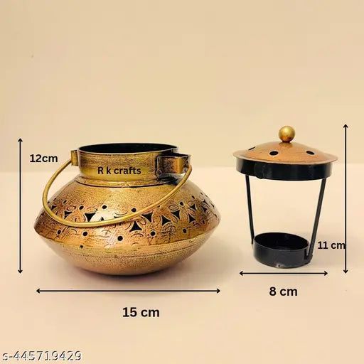 R K crafts metal small handi degchi dhoop dhani tealight holder inchace holder for home decor degchi with hander+bell +chain+scrow