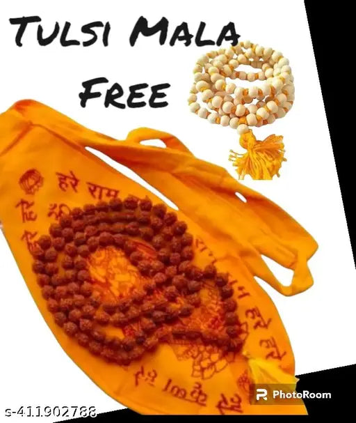 5 mukhi rudraksha Natural Mala 10 Mm Beads Japa Mala 108 + 1 Beads Wood Chain wood Chain and Gomukh Bag/Radha Krishna Bag (PACK of 1)