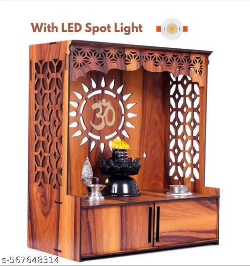New wooden temple for home and office with Door | Compact puja mandir temple | wall mounted and table top mandir for home and office with led cov light