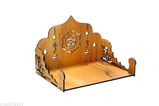 Engineered Wood Hand crafted Om Pattern Home Temple For Puja Temple for Home and Office l Puja Stand l Wooden Mandir, Set Top Box Stand For Home and Office (Brown) (Pack Of 1)