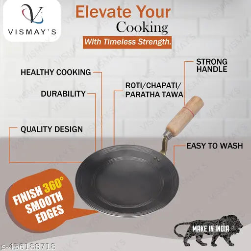 VISMAY'S Durable Traditional Pure Iron Tawa Heavy Base for Roti/Chapati/Chapati with Wooden Handle Roti Tawa (9.5 Inchs)