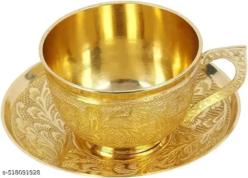 RM Metals Flower Design Brass Tea Cup with Saucer Set. Capacity 200 ml (Pack of 1)
