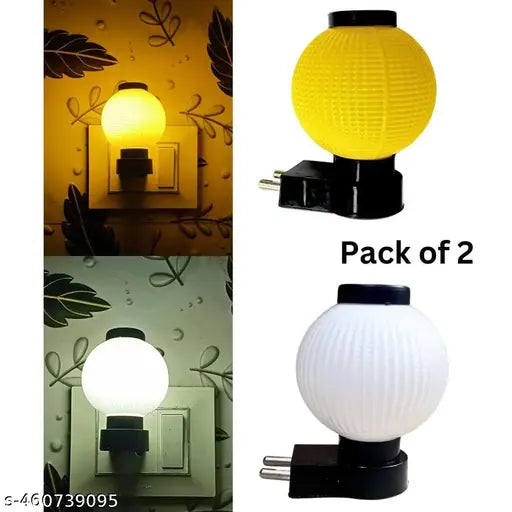 Round Shape Unique Energy saving Home Decor LED Room Night Lamp 0.5w, Night Lamp for Bedroom Hall Dinning Any Space at your Home, Long-lasting Plug & Pin Room Light, Color Yellow, White (Pack of 2)