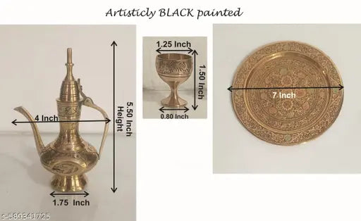 Elegant Hand-Arted and Hand-ARTISTICLY Painted BRASS AFTABA Set of 8 Pcs.;  A Great Luxurious Gift for your Loved Ones; A SERVING TRAY WITH INTRICATE TRADITIONAL DESIGNS & FLORAL PATTERNS;  AFTABA- 5.5 Inch Height, Cup - 1.5 Inch Height, Tray - 7 Inch Dia